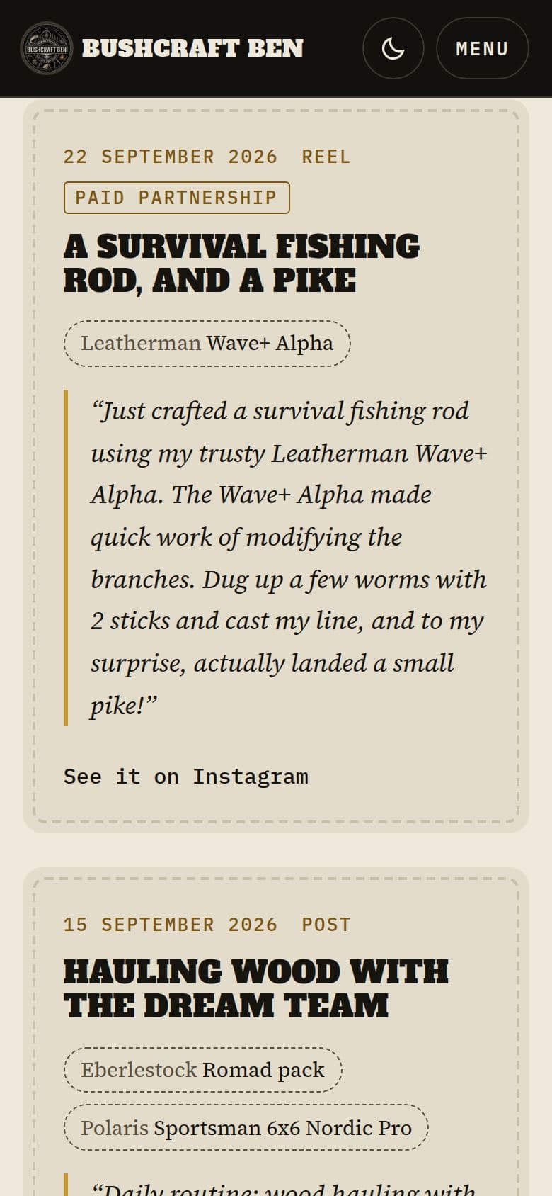 A field test on a phone: a reel from 22 September 2026 marked Paid partnership, about a survival fishing rod made with a Leatherman Wave+ Alpha.