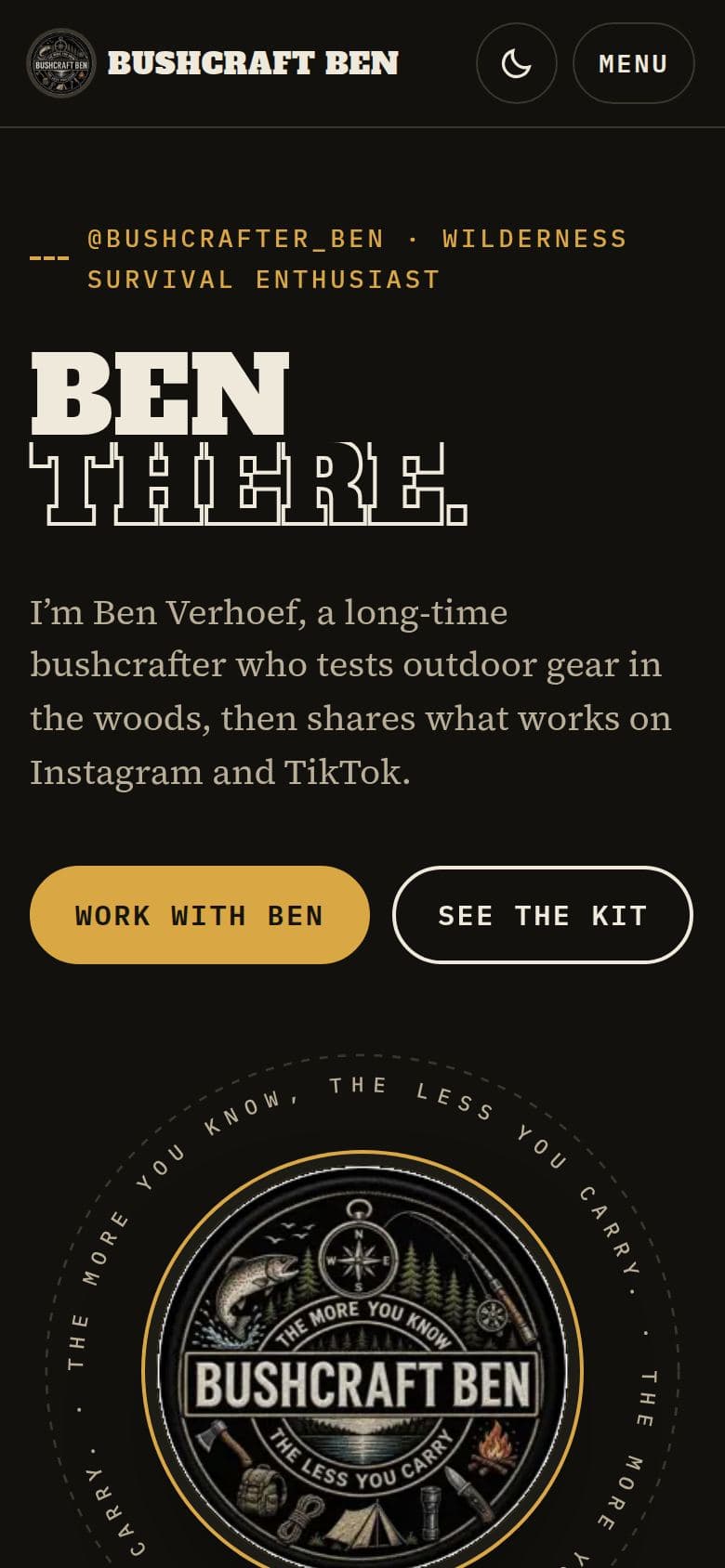The home page on a phone: Ben there. stacked, his introduction, Work with Ben and See the kit buttons, and the patch below.