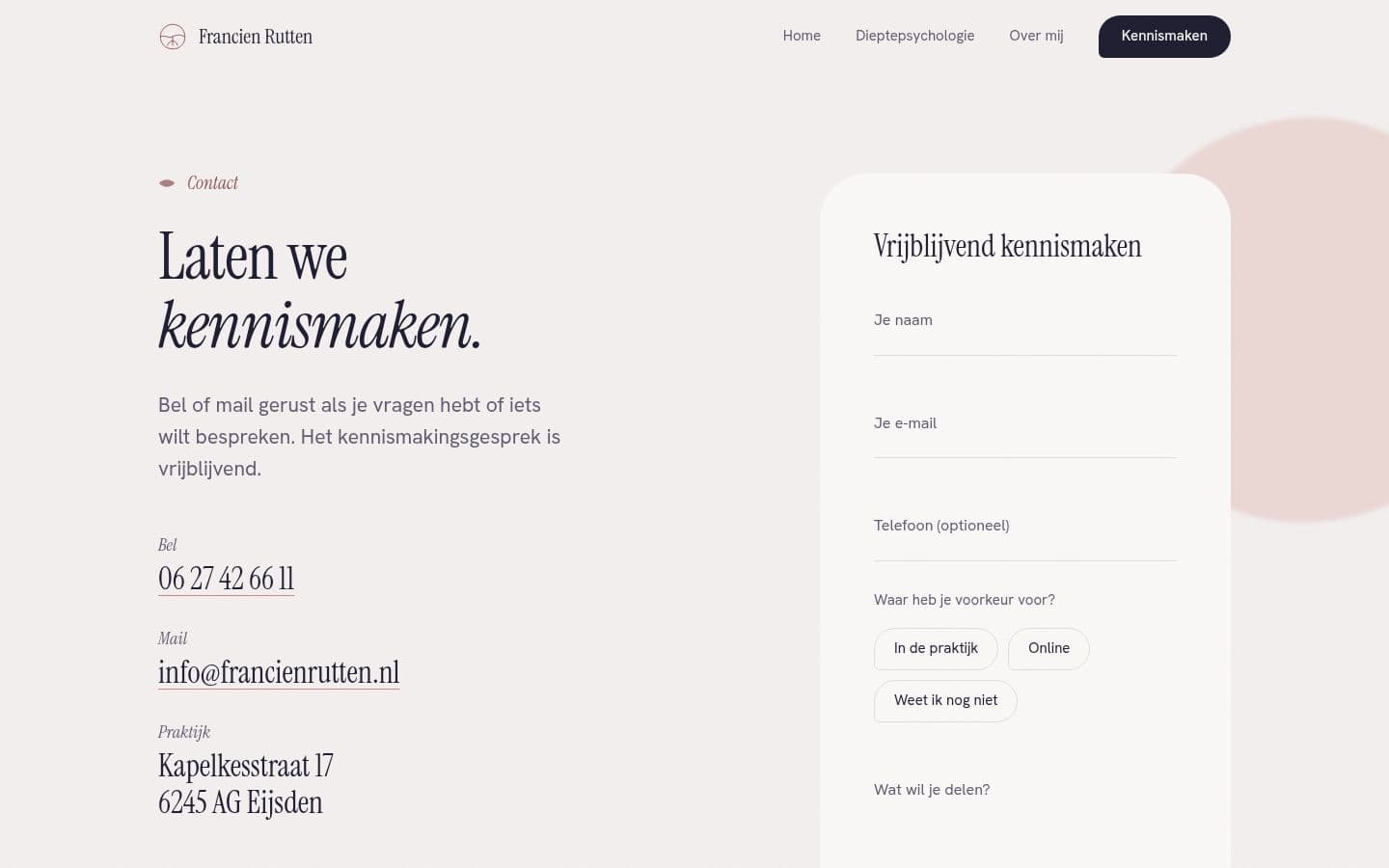 Francien Rutten's contact page with phone, email, address and an introduction form.
