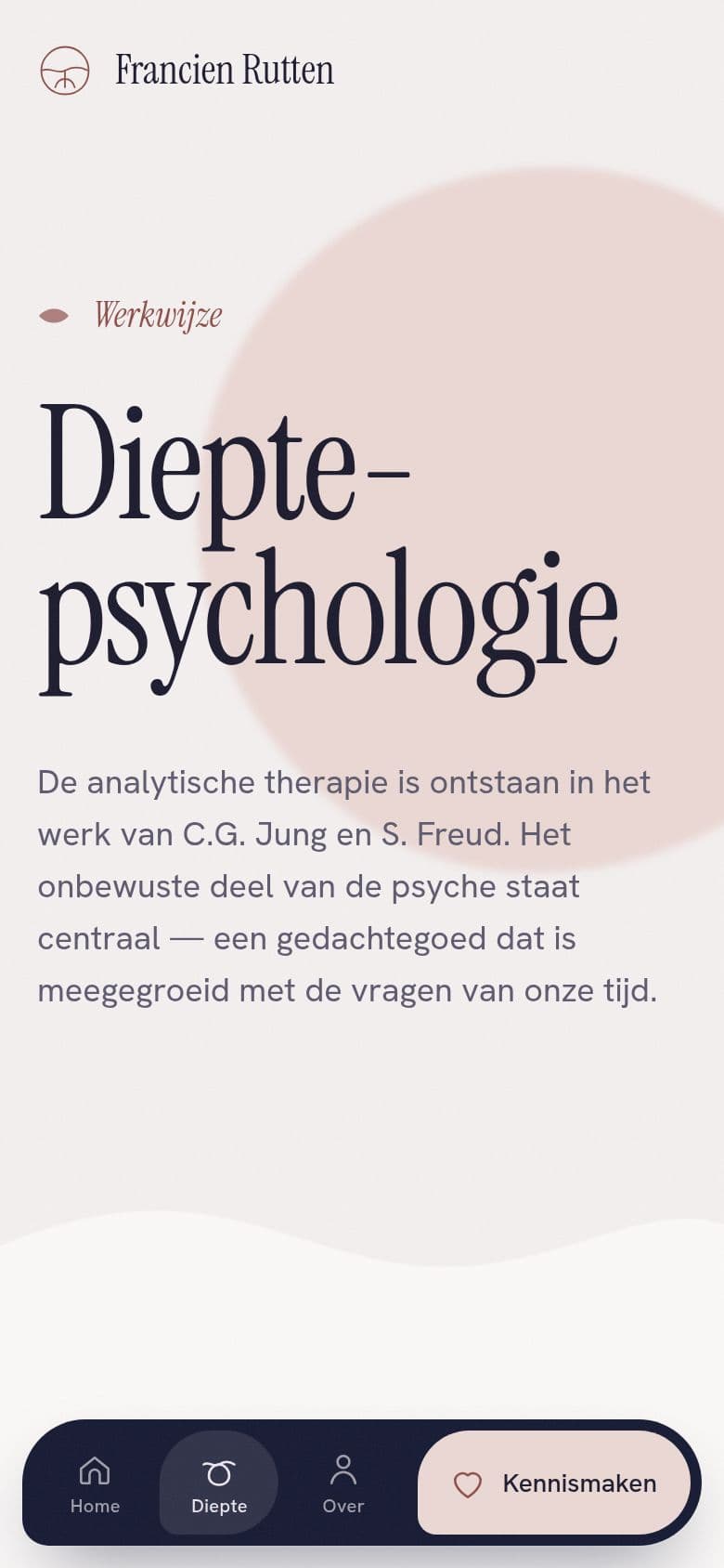 The depth psychology page on a phone, the Diepte place active in the dock.