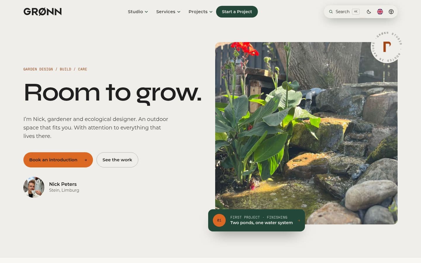 GRØNN home page in the light theme: the headline Room to grow, Nick's portrait and a photo of the pond renovation.