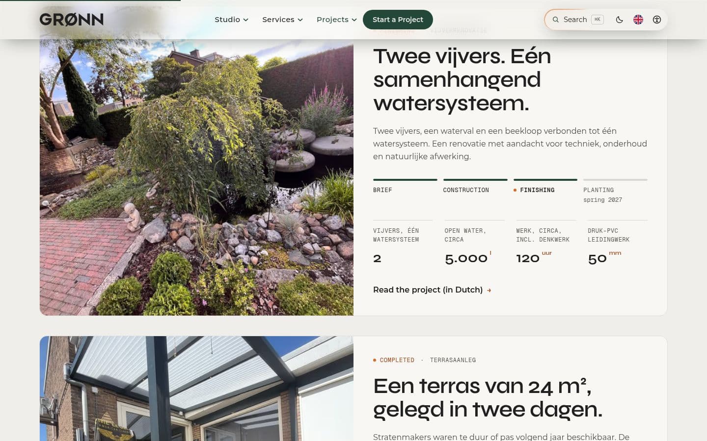 GRØNN projects page: the pond renovation with its stages and key numbers.