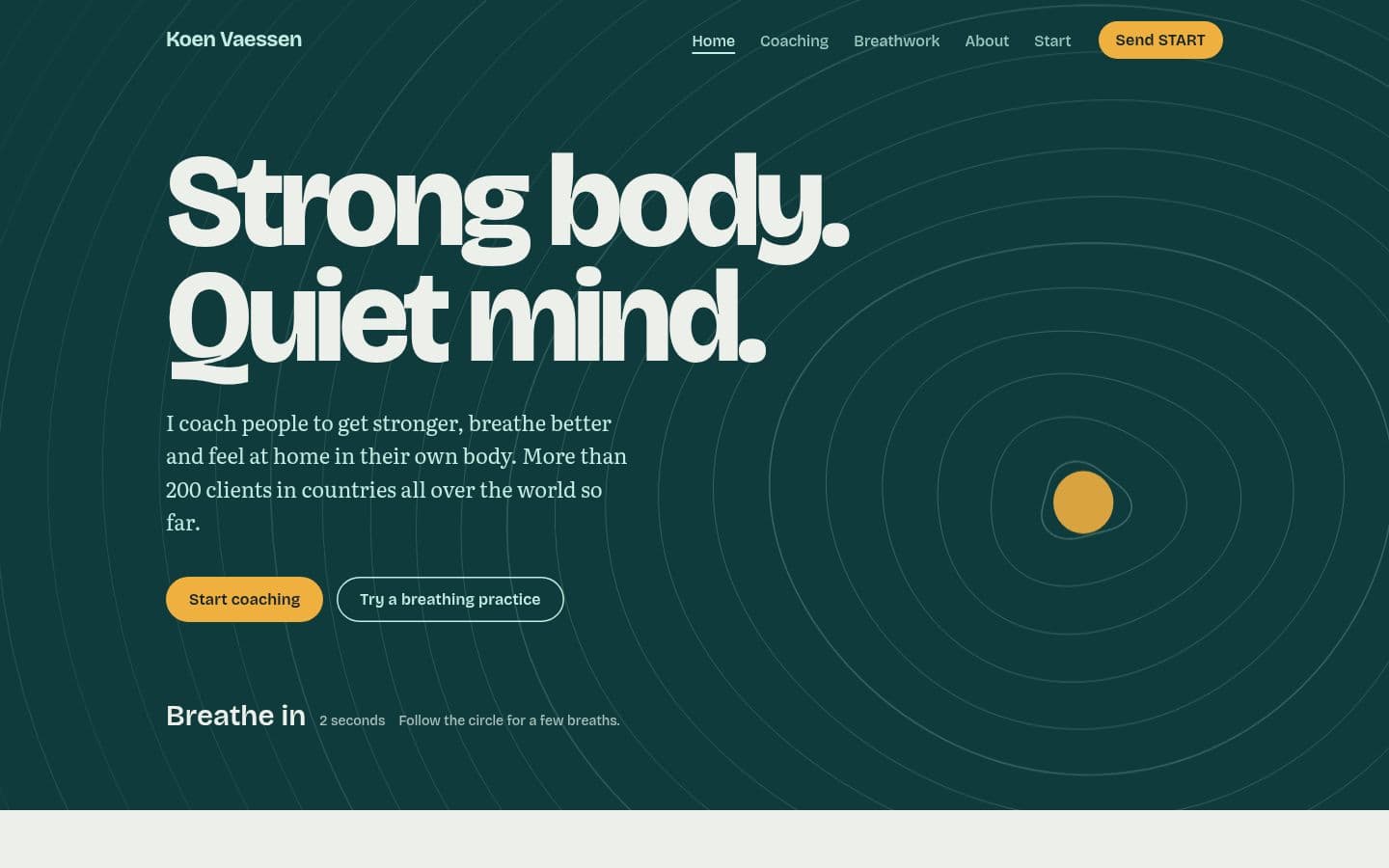 Koen Vaessen's home page: the headline Strong body. Quiet mind. over teal contour lines around an amber dot, with a Breathe in cue.