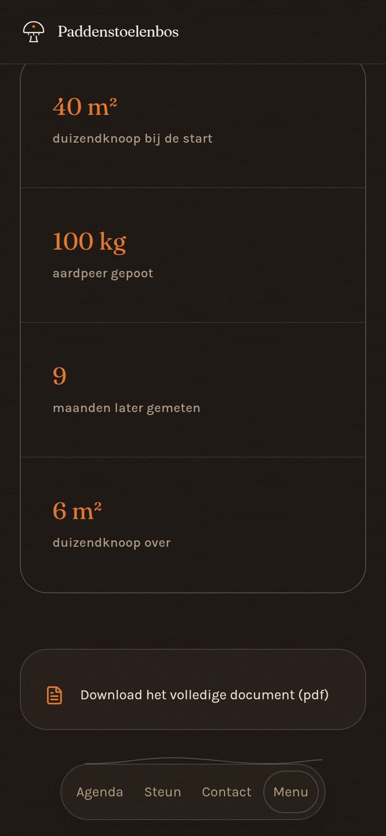 The field trial figures on a phone at night, in orange on a dark brown ground, stacked one per row.