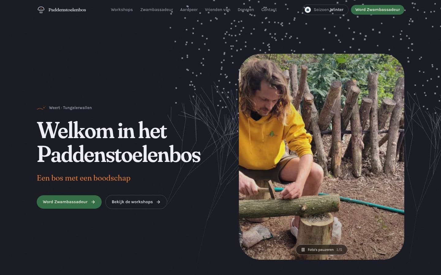 Dezelfde homepage in het winterpalet na donker: lichte tekst en grijswitte sporen op een diep blauwzwarte achtergrond.