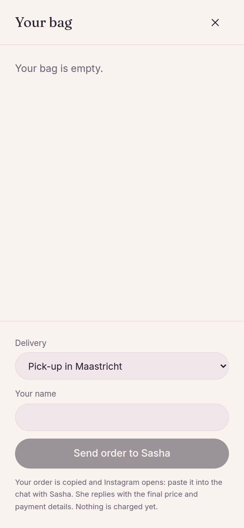 The bag panel on a phone: delivery choice, name field and a Send order to Sasha button.