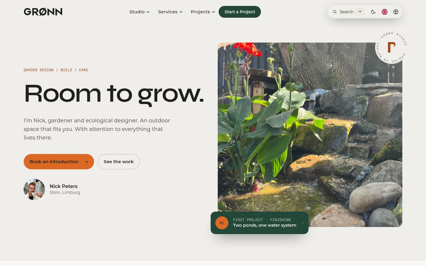 GRØNN home page in the light theme: the headline Room to grow, Nick's portrait and a photo of the pond renovation.