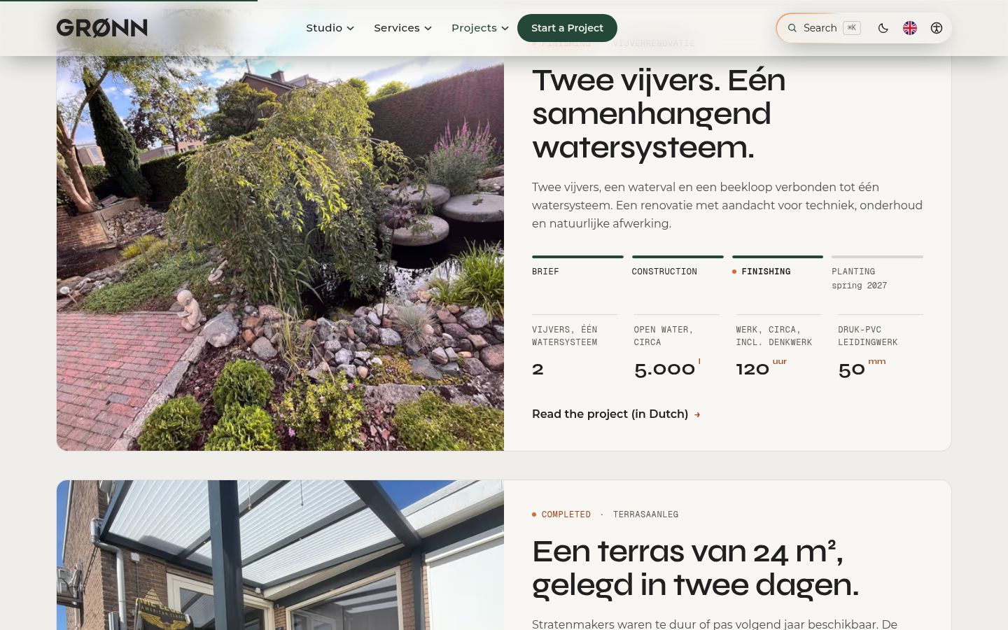 GRØNN projects page: the pond renovation with its stages and key numbers.