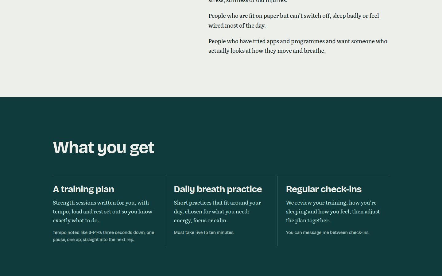 Koen Vaessen's coaching page moving from a chalk section into a teal section titled What you get.