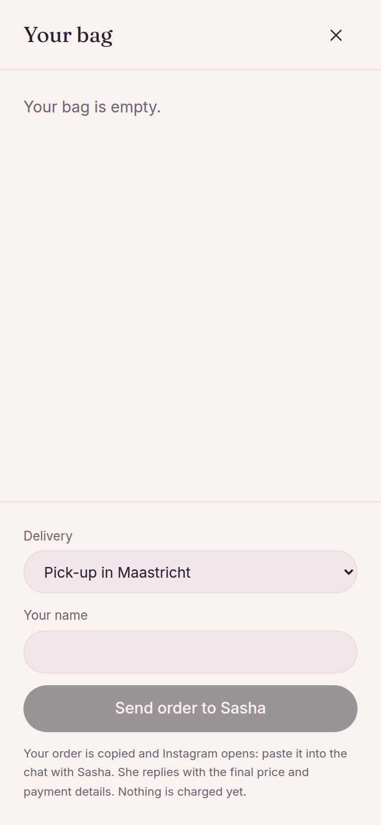 The bag panel on a phone: delivery choice, name field and a Send order to Sasha button.