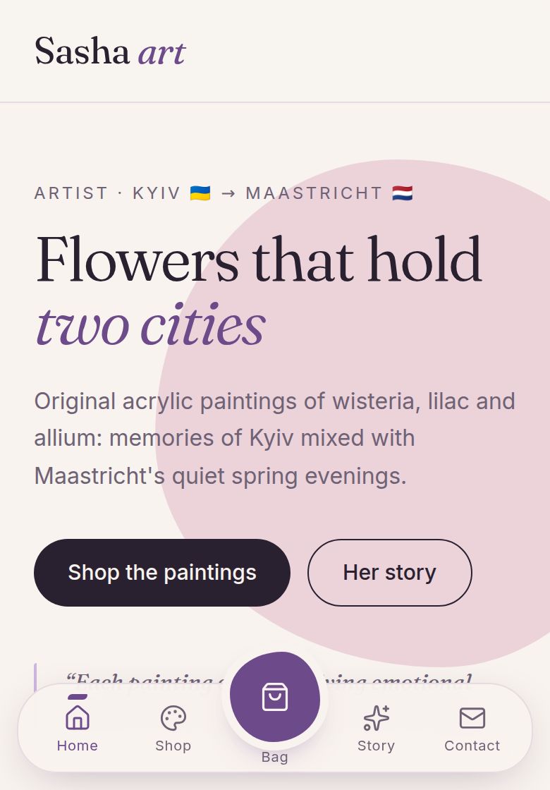 Sasha art's home page on a phone with the round plum bag button in the middle of the dock.