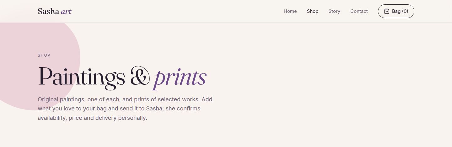 Sasha art's shop page heading, Paintings & prints, with prints in italic plum.